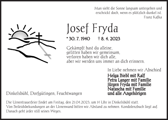 Traueranzeige von Josef Fryda von Dinkelsbühl/ Feuchtwangen