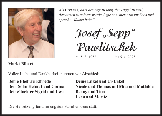 Traueranzeige von Josef Pawlitschek von Neustadt/ Scheinfeld/ Uffenheim