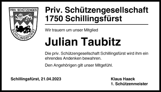 Traueranzeige von Julian Taubitz von Rothenburg