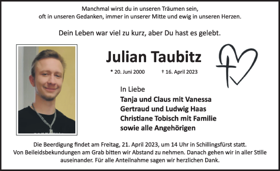 Traueranzeige von Julian Taubitz von Rothenburg