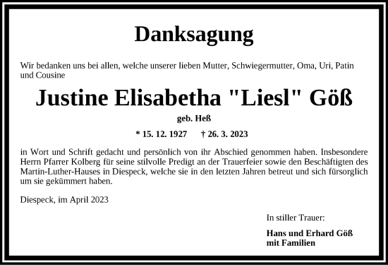 Traueranzeige von Justine Elisabetha Göß von Neustadt/ Scheinfeld/ Uffenheim