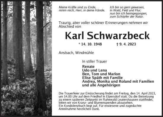 Traueranzeige von Karl Schwarzbeck von Ansbach
