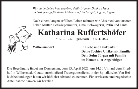 Traueranzeige von Katharina Ruffertshöfer von Neustadt/ Scheinfeld/ Uffenheim