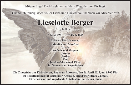 Traueranzeige von Lieselotte Berger von Ansbach