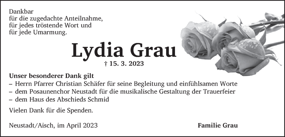  Traueranzeige für Lydia Grau vom 08.04.2023 aus Neustadt/ Scheinfeld/ Uffenheim