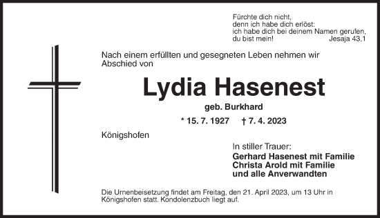 Traueranzeige von Lydia Hasenest von Dinkelsbühl/ Feuchtwangen