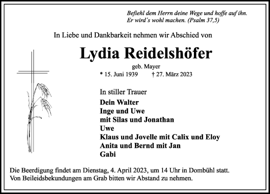 Traueranzeige von Lydia Reidelshöfer von Rothenburg
