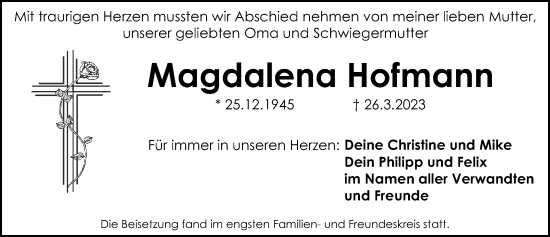 Traueranzeige von Magdalena Hofmann von Ansbach