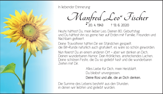 Traueranzeige von Manfred  Fischer von Ansbach