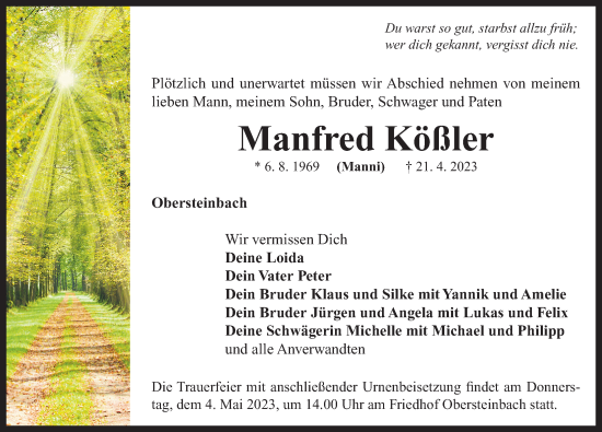 Traueranzeige von Manfred Kößler von Neustadt/ Scheinfeld/ Uffenheim