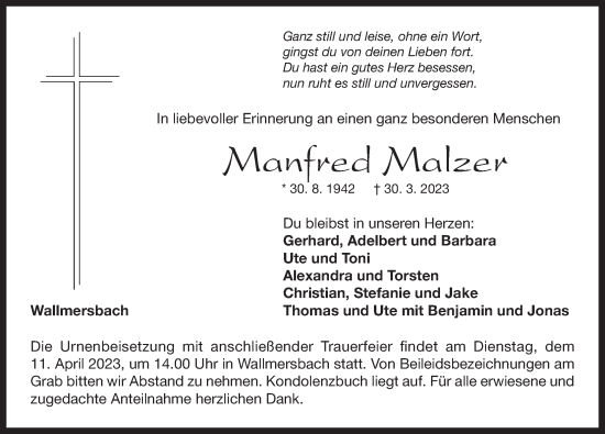 Traueranzeige von Manfred Malzer von Neustadt/ Scheinfeld/ Uffenheim