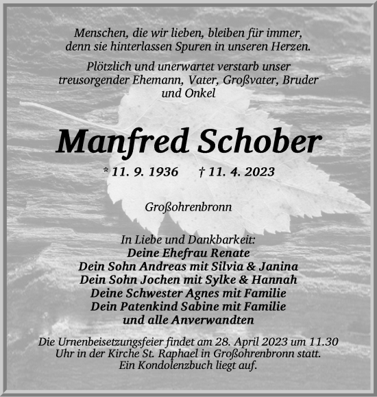 Traueranzeige von Manfred Schober von Ansbach