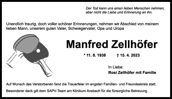 Traueranzeige von Manfred Zellhöfer von Ansbach