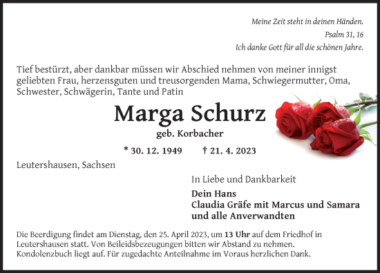 Traueranzeige von Marga Schurz von Ansbach