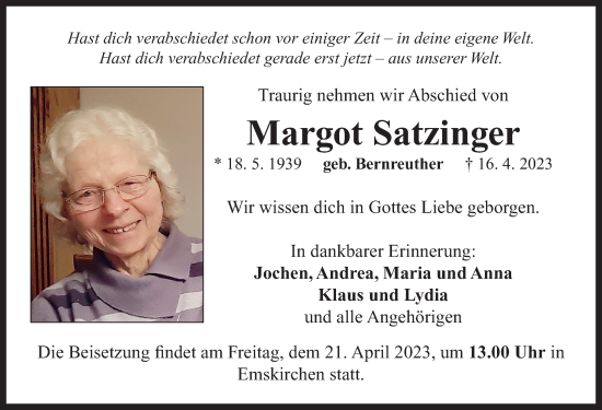 Traueranzeige von Margot Satzinger von Neustadt/ Scheinfeld/ Uffenheim