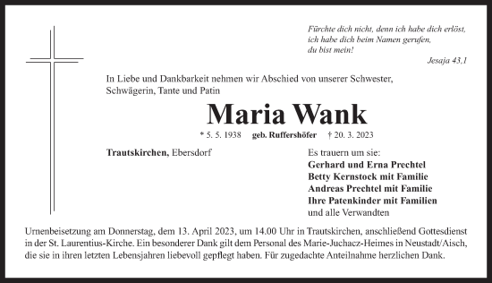 Traueranzeige von Maria Wank von Neustadt/ Scheinfeld/ Uffenheim