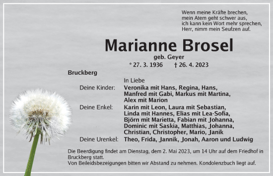 Traueranzeige von Marianne Brosel von Ansbach