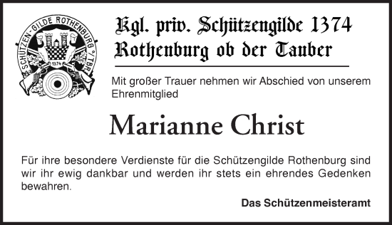 Traueranzeige von Marianne Christ von Rothenburg