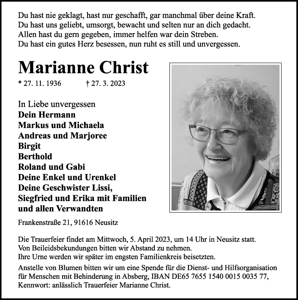  Traueranzeige für Marianne Christ vom 01.04.2023 aus Rothenburg