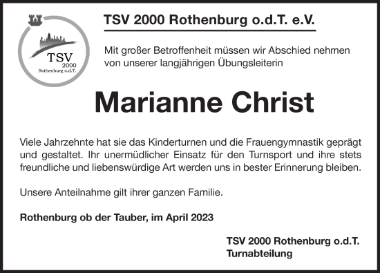 Traueranzeige von Marianne Christ von Rothenburg