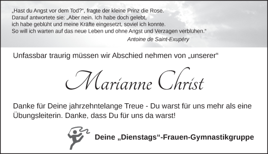 Traueranzeige von Marianne Christ von Rothenburg