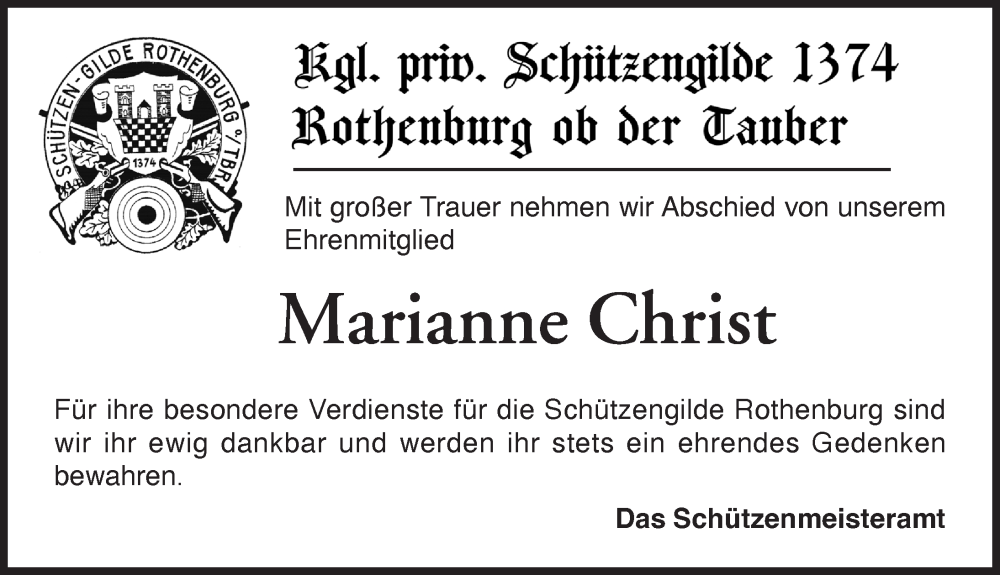  Traueranzeige für Marianne Christ vom 01.04.2023 aus Rothenburg