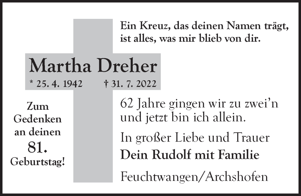  Traueranzeige für Martha Dreher vom 25.04.2023 aus GE