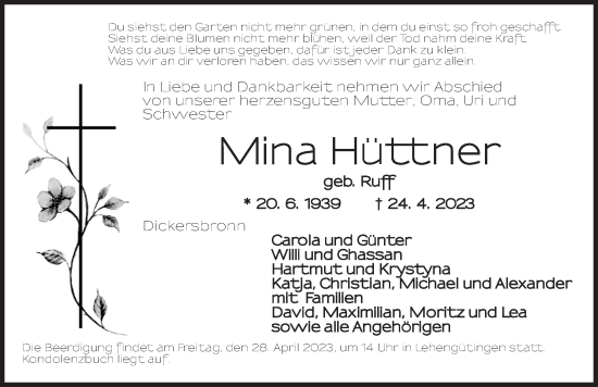 Traueranzeige von Mina Hüttner von Dinkelsbühl/ Feuchtwangen