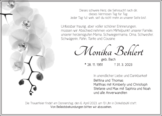 Traueranzeige von Monika Behlert von Dinkelsbühl/ Feuchtwangen