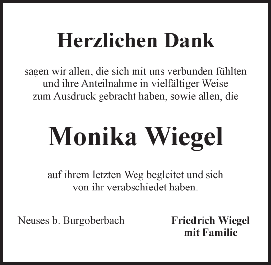 Traueranzeige von Monika Wiegel von Ansbach