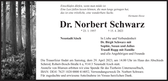 Traueranzeige von Norbert Schwarz von Neustadt/ Scheinfeld/ Uffenheim