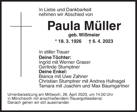 Traueranzeige von Paula Müller von Dinkelsbühl/ Feuchtwangen