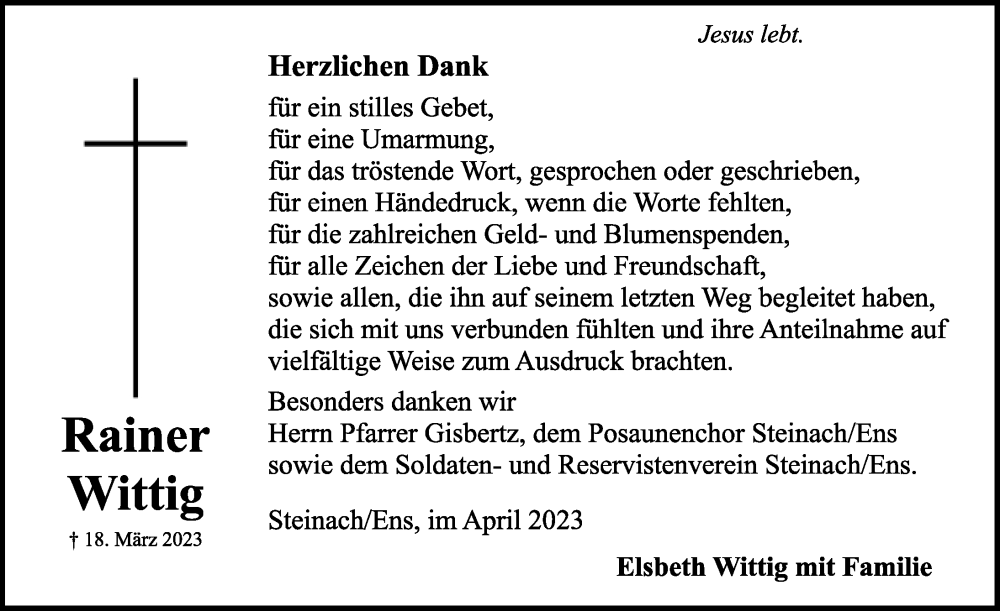  Traueranzeige für Rainer Wittig vom 08.04.2023 aus Rothenburg