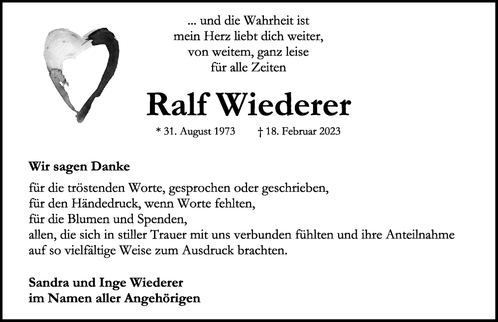  Traueranzeige für Ralf Wiederer vom 06.04.2023 aus Rothenburg
