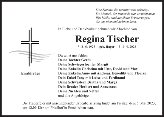 Traueranzeige von Regina Tischer von Neustadt/ Scheinfeld/ Uffenheim