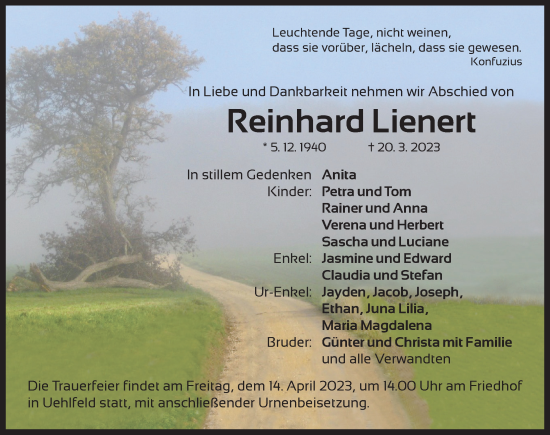 Traueranzeige von Reinhard Lienert von Neustadt/ Scheinfeld/ Uffenheim