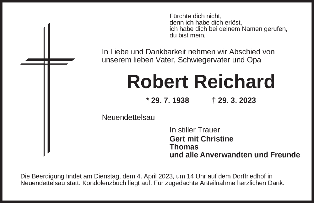  Traueranzeige für Robert Reichard vom 01.04.2023 aus Ansbach
