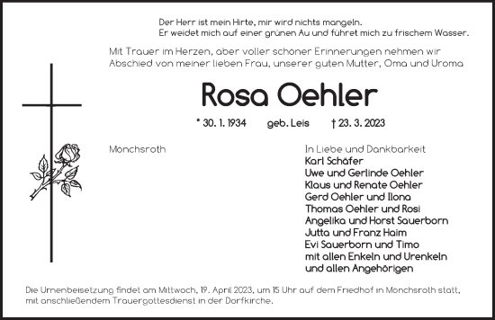 Traueranzeige von Rosa Oehler von Ansbach