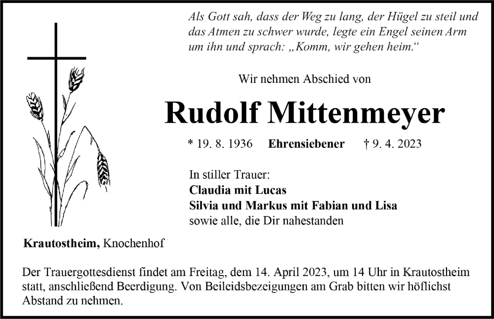  Traueranzeige für Rudolf Mittenmeyer vom 12.04.2023 aus Neustadt/ Scheinfeld/ Uffenheim