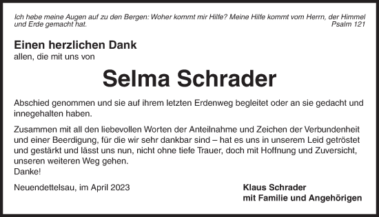 Traueranzeige von Selma Schrader von Ansbach