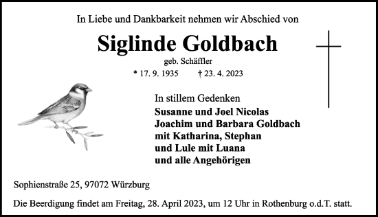 Traueranzeige von Siglinde Goldbach von Rothenburg