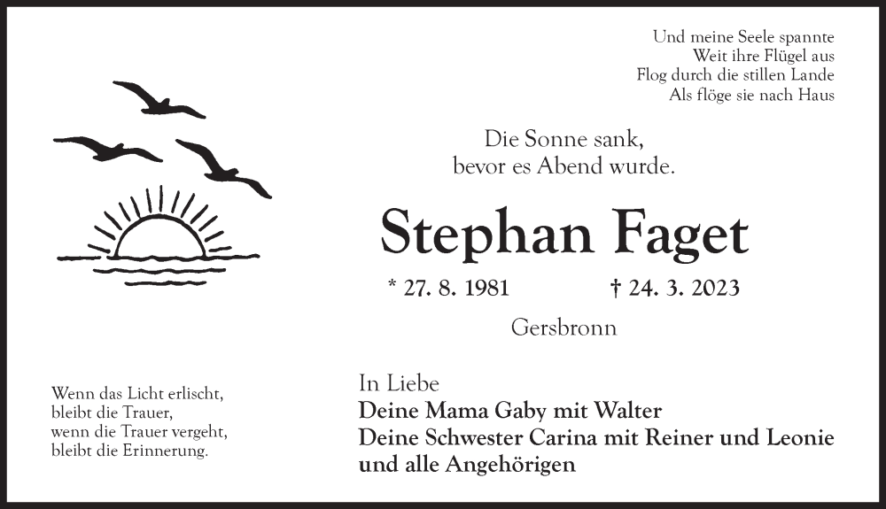  Traueranzeige für Stephan Faget vom 01.04.2023 aus Dinkelsbühl/ Feuchtwangen