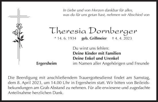 Traueranzeige von Theresia Dornberger von Neustadt/ Scheinfeld/ Uffenheim