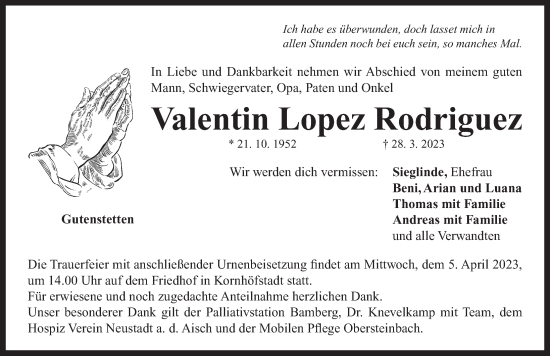 Traueranzeige von Valentin Lopez Rodriguez von Neustadt/ Scheinfeld/ Uffenheim