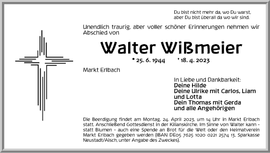 Traueranzeige von Walter Wißmeier von Neustadt/ Scheinfeld/ Uffenheim