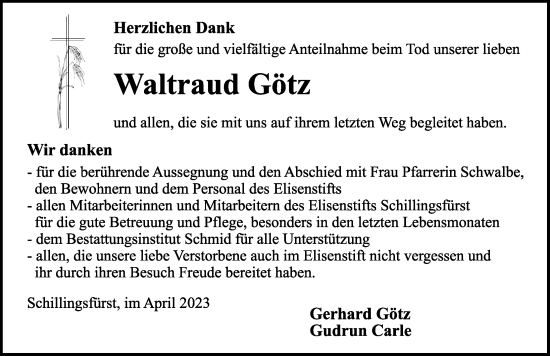 Traueranzeige von Waltraud Götz von Rothenburg