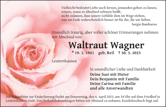 Traueranzeige von Waltraut Wagner von Ansbach
