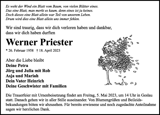 Traueranzeige von Werner Priester von Rothenburg