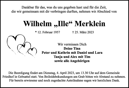 Traueranzeige von Wilhelm  Merklein von Rothenburg