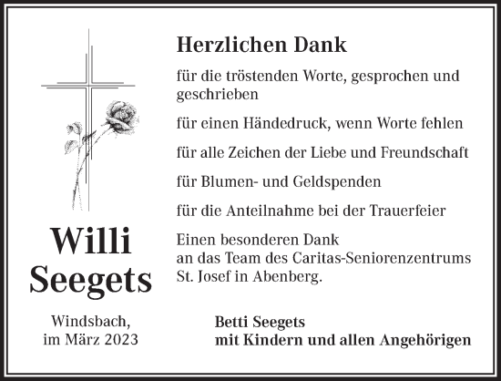 Traueranzeige von Willi Seegets von Ansbach